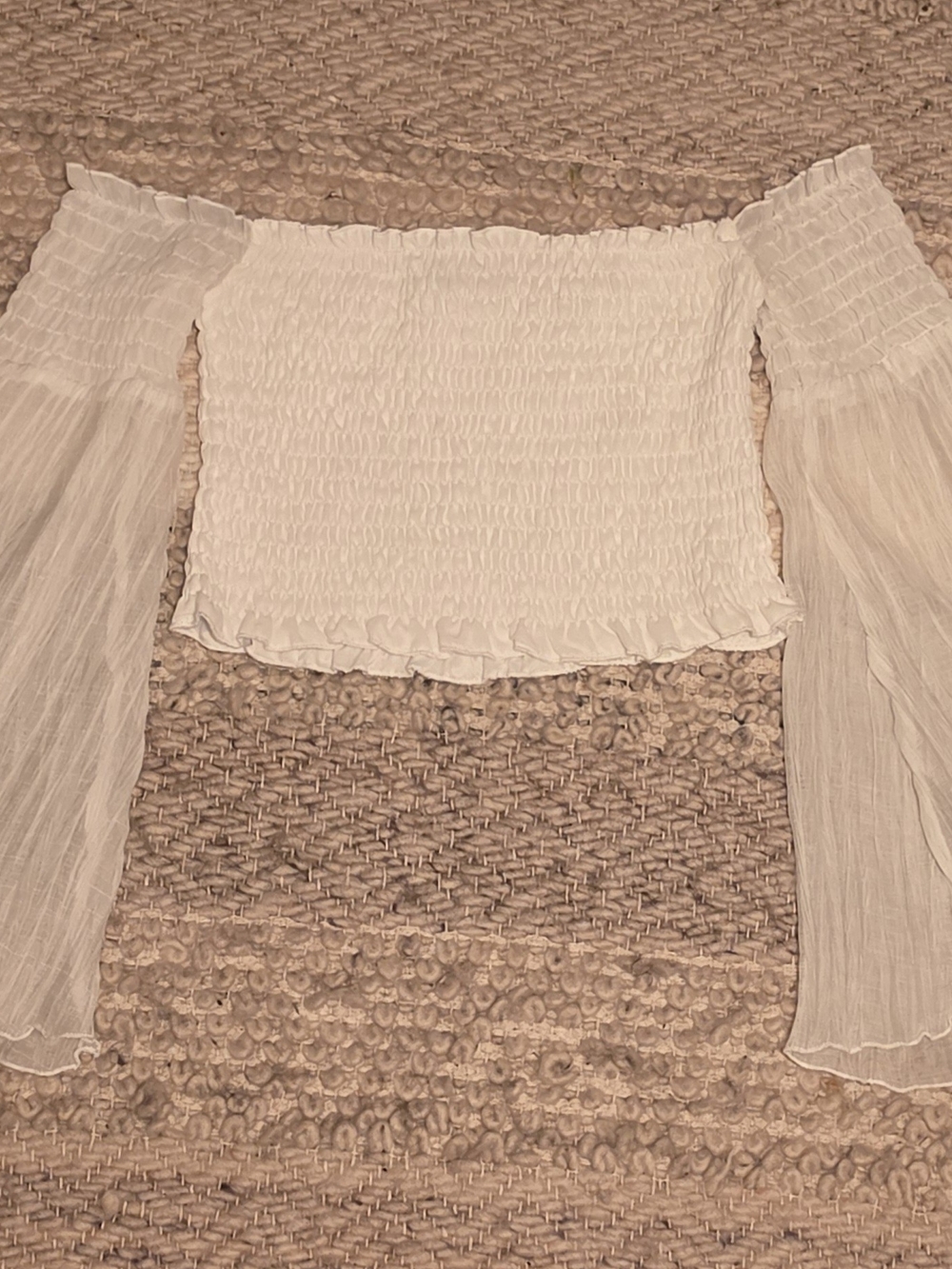 Forever 21 White Off-Shoulder Smocked Crop Top with Sheer Bishop Sleeves